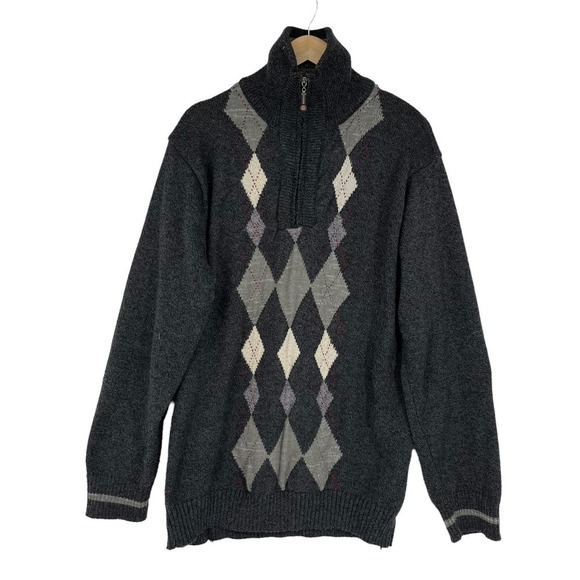 Vintage Sweater Pronti Argyle Gray High Neck 1/4 Zip Men’s 3X - Picture 1 of 10